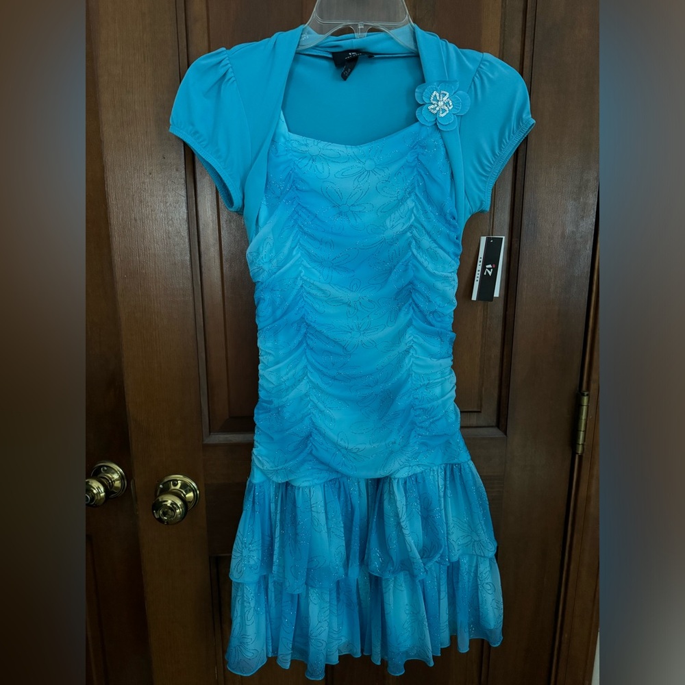 NWT IZ Byer girls size 16 sparkly turquoise ruched drop waist dress